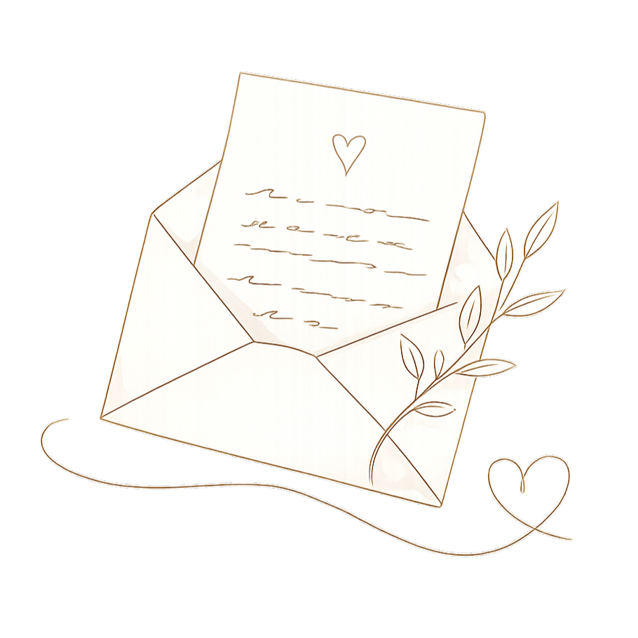 An illustrated open envelope and letter with a heart and leaves