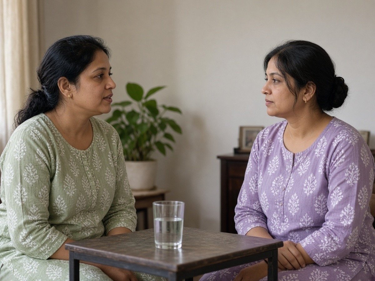 Two mothers sitting together in a calm conversation