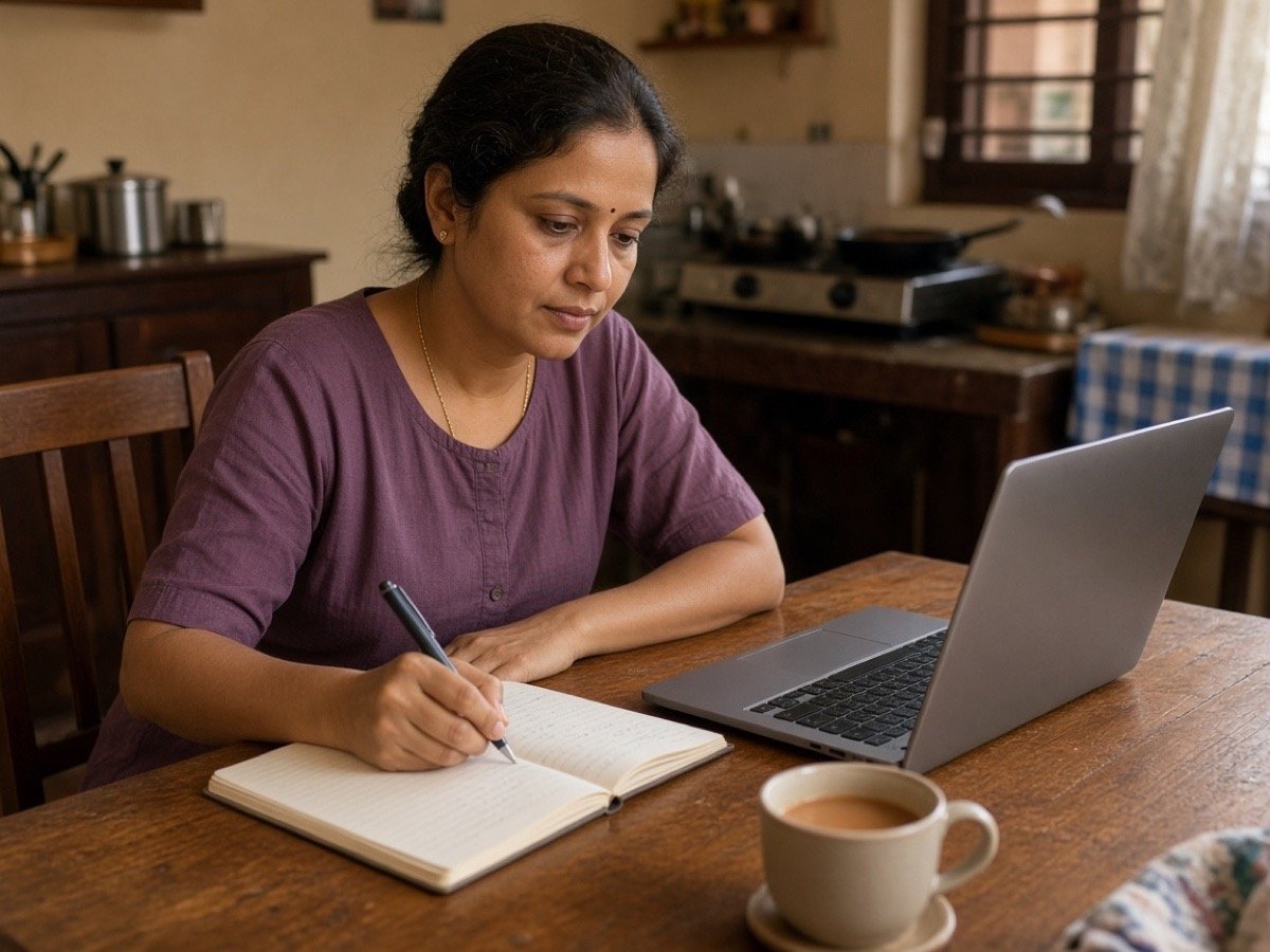 A mother writing her plans beside a laptop at the kitchen table